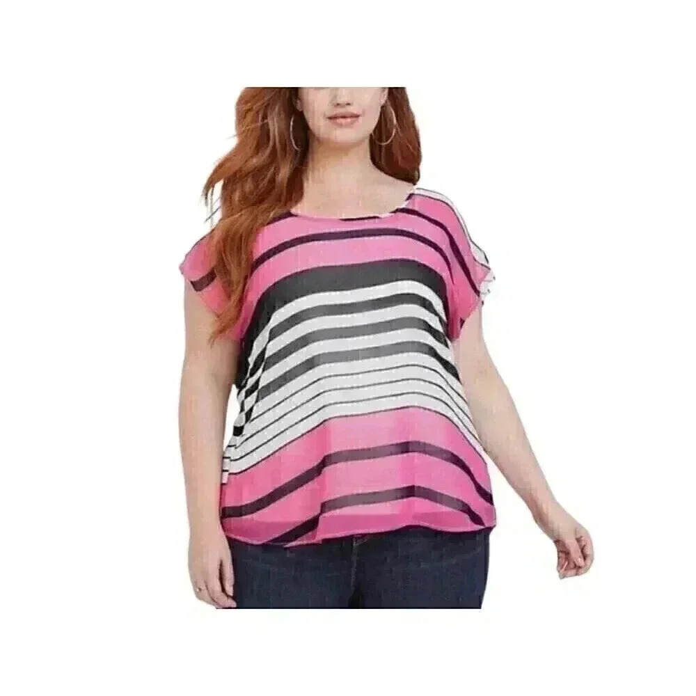 Torrid Womens 0X Sheer Stripe Chiffon Button Back Top Pink Black Sleeveless